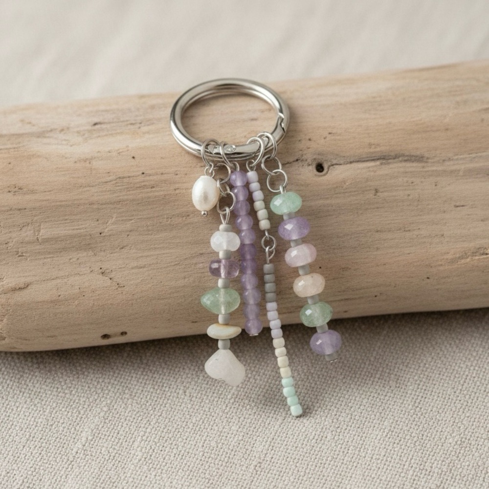 Elegant Natural Stone Lavender Handmade Beaded Bag Charm Keychain with Pearl